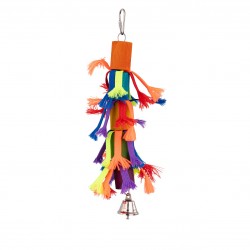 Zabawka, dla ptaków, wisząca, drewniana, 38 cm, z paseczkami i metalowym dzwonkiem