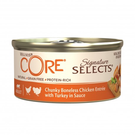 Core Signature Selects Chunky Chicken, karma mokra, dla dorosłych kotów, mięsne kawałki z kurczakiem i indykiem, 79g, puszka