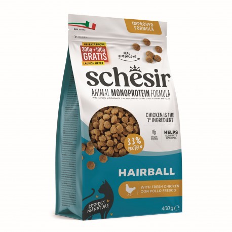 Animal Monoprotein Formula Hairball, karma sucha, dla kota, kurczak, 400 g, worek, dla ras długowłosych, przeciw kulom włosowym