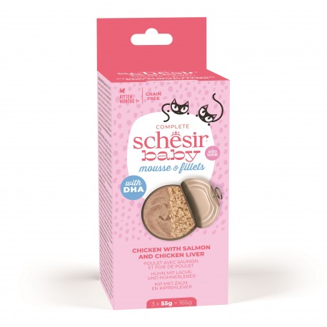 Baby Mousse multipack, karma mokra, dla kociąt, mus z rozdrobnionym kurczakiem i łososiem, 3x55 g, puszka